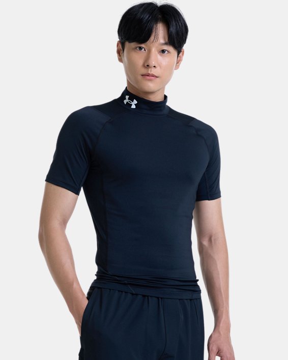 男士HeatGear®伸縮型高領短袖T恤 in Black image number 2